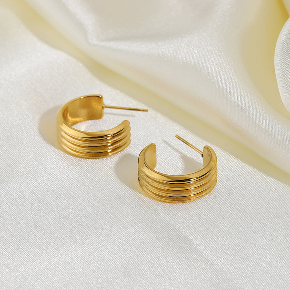 18K Vacuum Gold Plated L Stainless Steel Three-layer C Shape Tire Earrings